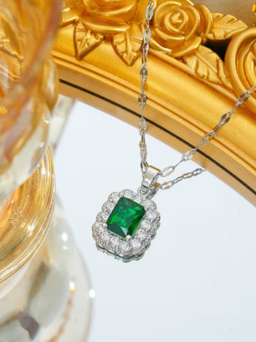 14K White Gold Womens 1ct Diamond 2ct Green Emerald Necklace 14K Silver Jewelry